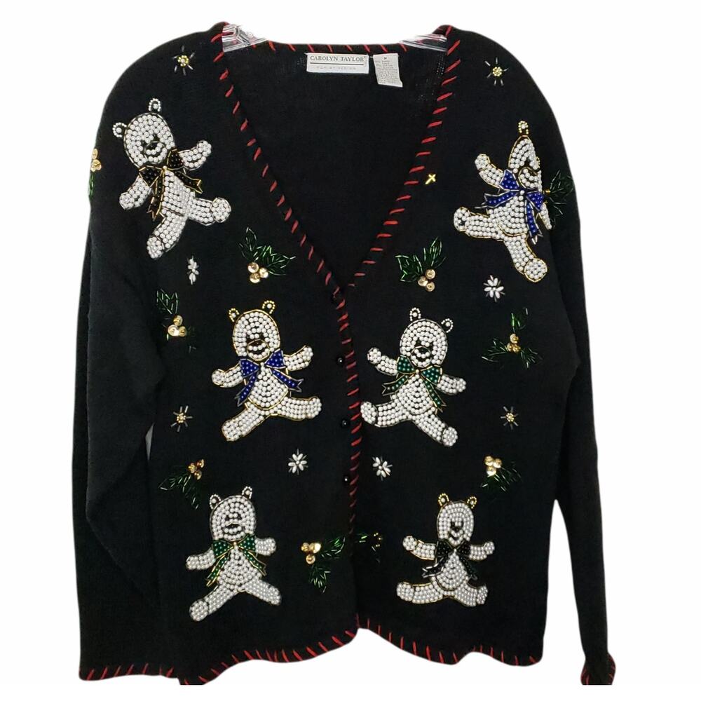 Vintage Teddy Bear Christmas Cardigan Pearl Beaded Holly Festive Women Medium